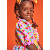 VESTIDO EU AMO ARRAIA ROXO E AMARELO AMARELO