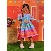 VESTIDO EU AMO ARRAIA ROSA LARANJA E AZU AZUL