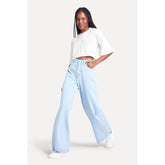 CALCA FEM JEANS WIDE LEG SIMPLES AZUL CLARO