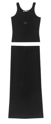 CONJUNTO FEM REG CURTA RIB E SAIA MIDI PRETO