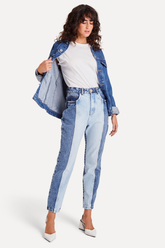 CALCA FEM JEANS BICOLOR SIMPLES AZUL MEDIO