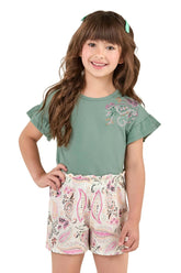 CONJ FEM BL FLOR BRILHO SHORT TEXT SUBL VERDE