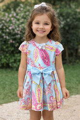 VESTIDO RODADO TRICOLINE ESTAMP C FAIXA AZUL CLARO