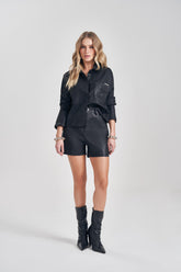 SHORTS FEM EM JEANS BLACK COM ELASTANO PRETO