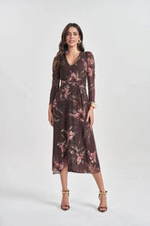 VESTIDO MIDI ML TULE EST AQUARELA FLORAL CHOCOLATE