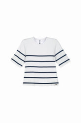 BLUSA FEM MC MALHA DE VISCOSE LISTRADA BRANCO