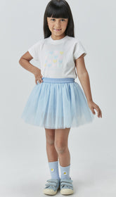 CONJ FEM BL DET CORACOES E SAIA TULE AZUL CLARO