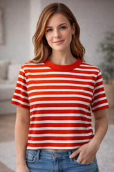 BLUSA FEM MC EM RIBANA LISTRADA VERMELHO PAPOULA