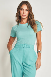 BLUSA FEM MC EM MALHA TRICOT FLAME AZUL TURMALINA