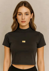 BLUSA FEM CROPPED MC SUEDINE PRETO