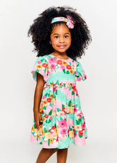 VESTIDO FEM PINCELADA DE FLORES VERDE/ROSA