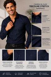 CAMISA MAS ML SLIM TRICOLINE STRETCH MARINHO