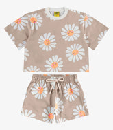 CONJ FEM CROPPED E SHORT EST FLORES CHOCOLATE