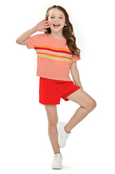 CONJ FEM BL LISTRAS SOL E SHORT MLT PESSEGO