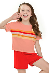 CONJ FEM BL LISTRAS SOL E SHORT MLT PESSEGO