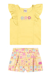 CONJ FEM BL FLORES E SHORT EST FLORAL AMARELO