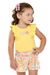 CONJ FEM BL FLORES E SHORT EST FLORAL AMARELO