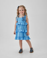 VESTIDO RODADO TRICOLINE APLIQ BORBOLETA AZUL MEDIO