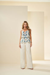 CALCA FEM WIDE LEG EM SARJA LINHO NATURAL