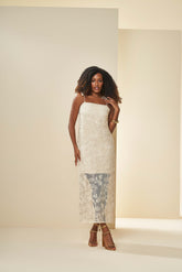 VESTIDO MIDI ALCA TELA BORD LAISE FLOWER NATURAL