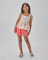 CONJ FEM BATA EST FLORES E SHORT SARJA GOIABA