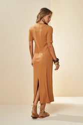 VESTIDO MIDI DE MANGA CURTA EM RIBANA MASCAVO