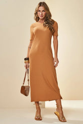 VESTIDO MIDI DE MANGA CURTA EM RIBANA MASCAVO