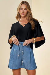 BLUSA FEM MC VISCOSE SARJADA C ELASTANO PRETO