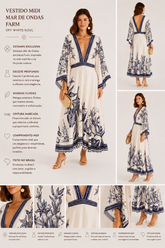 VESTIDO MIDI MAR DE ONDAS FARM OFF WHITE/AZUL