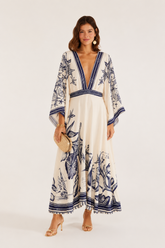 VESTIDO MIDI MAR DE ONDAS FARM OFF WHITE/AZUL