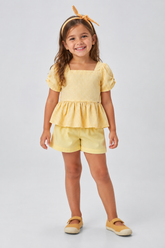 CONJ FEM BATA XADREZ E SHORT LISO AMARELO CLARO