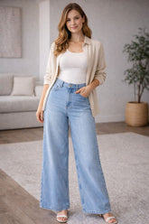 CALCA FEM WIDE LEG ROSA EM JEANS JEANS MEDIO