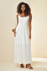 VESTIDO LONGO DE ALCA EM PLANO LINEN OFF WHITE