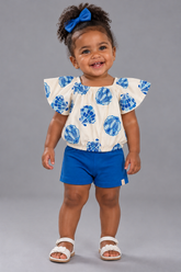CONJ FEM BL EST PEROLADA E SHORT TRAB BRANCO/AZUL
