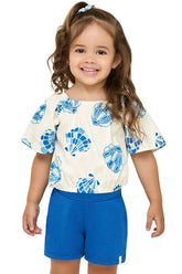 CONJ FEM BL EST PEROLADA E SHORT TRAB BRANCO/AZUL