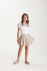 CONJ FEM BL E SAIA SHORT TRICOL LISTRADA OFF WHITE/CAMELO