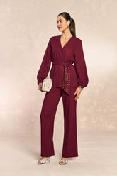 KIMONO FEM MANGA LONGA EM PLANO LINEN MERLOT