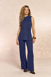 BLUSA FEM SEM MANGA EM TRICOT MESCLADO MARINHO