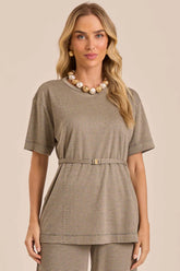 BLUSA FEM MC EM JACQUARD PIED POOL CAQUI/PRETO