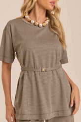 BLUSA FEM MC EM JACQUARD PIED POOL CAQUI/PRETO