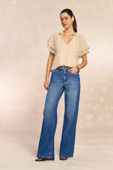 BLUSA FEM MC CHIFFON BRILHO MAQUINETADO CAQUI