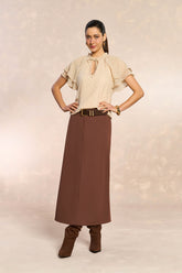 BLUSA FEM MC CHIFFON BRILHO MAQUINETADO CAQUI