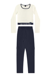 CONJ FEM JUV CROP ML E CALCA MICROFIBRA BRANCO/MARINHO