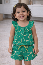 CONJ FEM BL E SHORT FLORAL METALIZADO VERDE