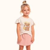 CONJ FEM BL URSO E STRASS SHORT SAIA MLT BAUNILHA/ROSA