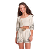 CONJ FEM BL MG 3/4 LASTEX C DET E SHORT BAUNILHA