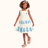 VESTIDO ALCA AMARRA DET PONTAS E ABACAXI MARFIM/AZUL