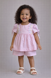 CONJ FEM BATA BORD E SHORT TRICOL LIST ROSA CLARO