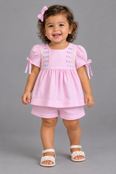CONJ FEM BATA BORD E SHORT TRICOL LIST ROSA CLARO