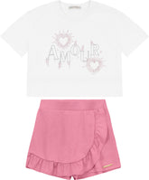 CONJ FEM BL AMOUR STRASS SHORT SAIA BRIL BRANCO/ROSA CLARO